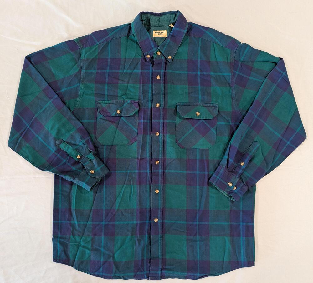 Vintage Hong Kong Northwest Blue Shirt Mens XL Green Plaid Long Sleeve Flannel